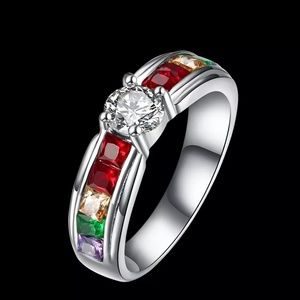 Gay LGBT Rainbow Zircon Silver Steel Pride Ring 8